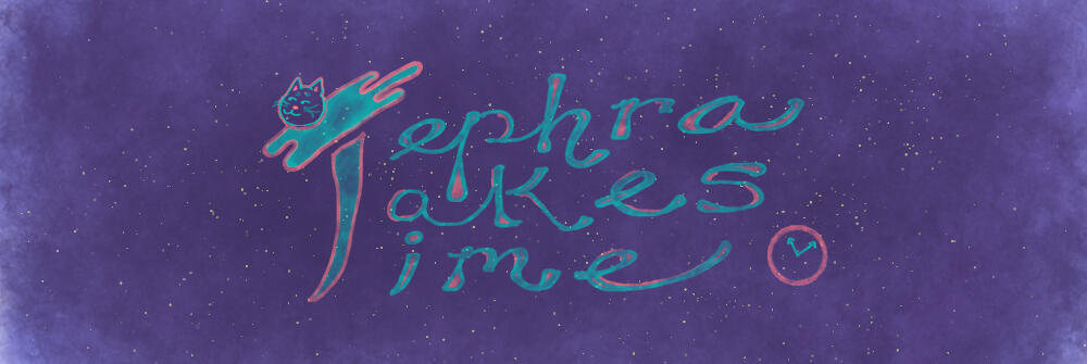 The Tephra Takes Time logotype is written among a purple star field. A flying cat makes up the top of a large T for Tephra Takes Time.